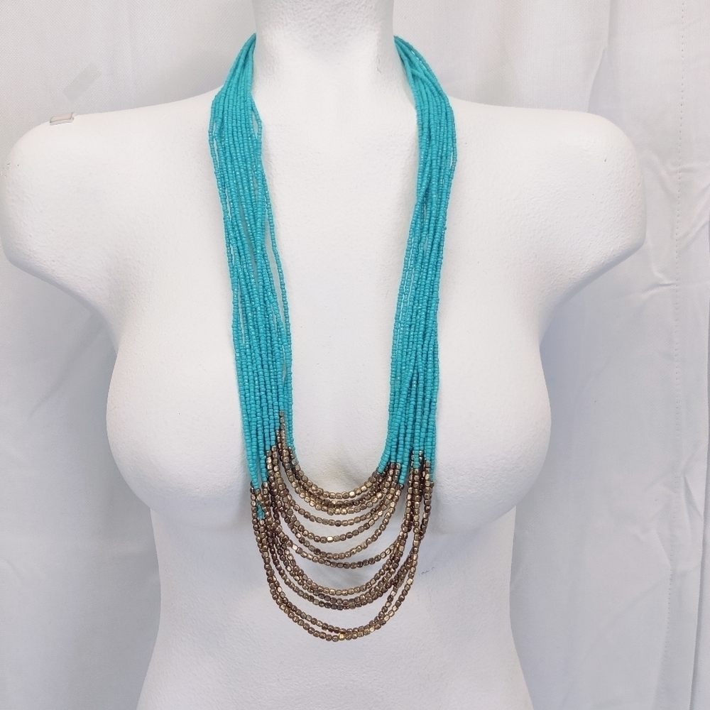 Long Multi Strand Turquoise Blue Glass Bead Necklace w/ Metallic Accents - Picture 9 of 9